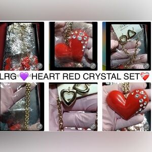 Red Large Heart Necklace with CRYSTALS Gold Chain Earrings set new